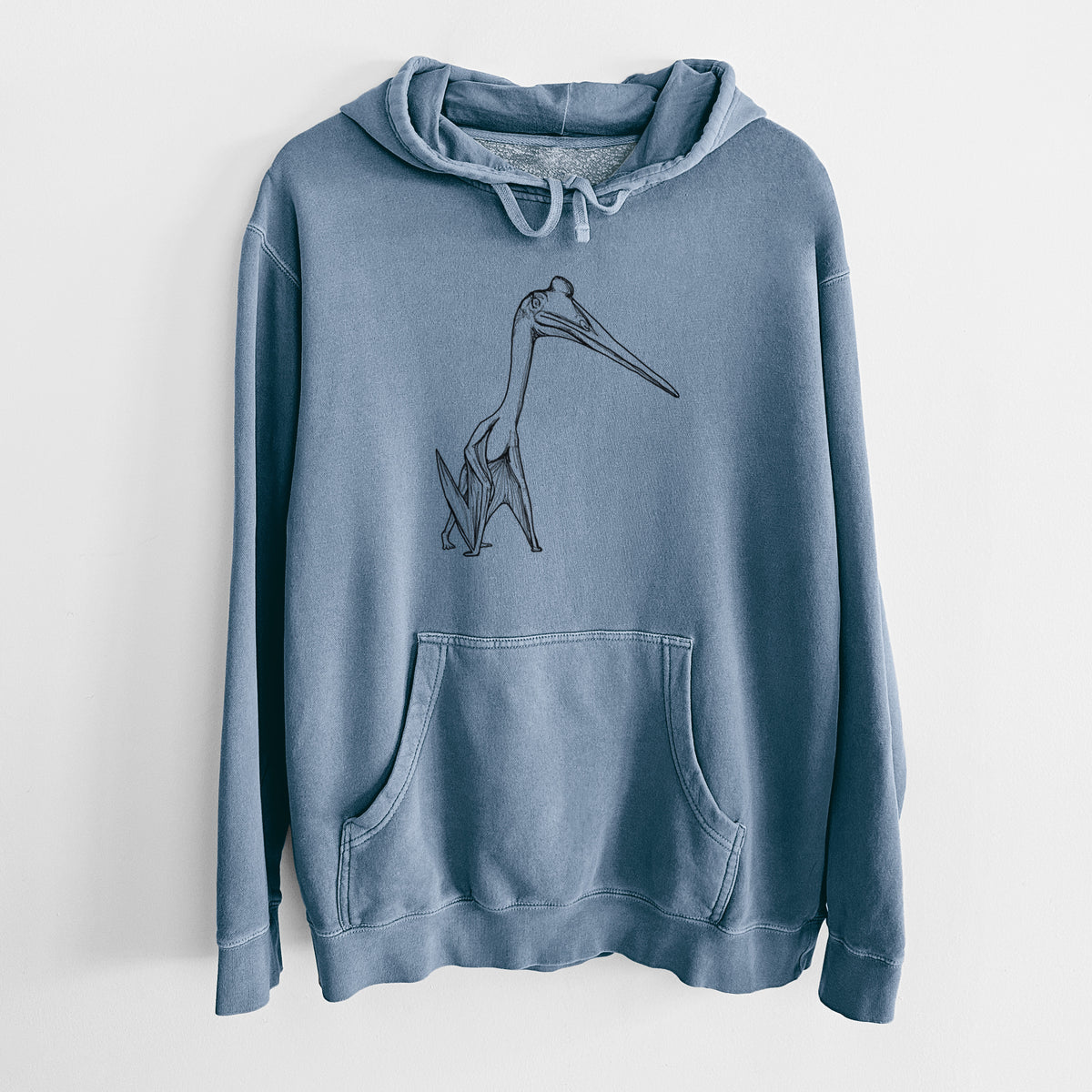 Slate blue pigment dyed hoodie laid flat, printed with a black ink illustration of a Quetzalcoatlus pterosaur standing on all fours.