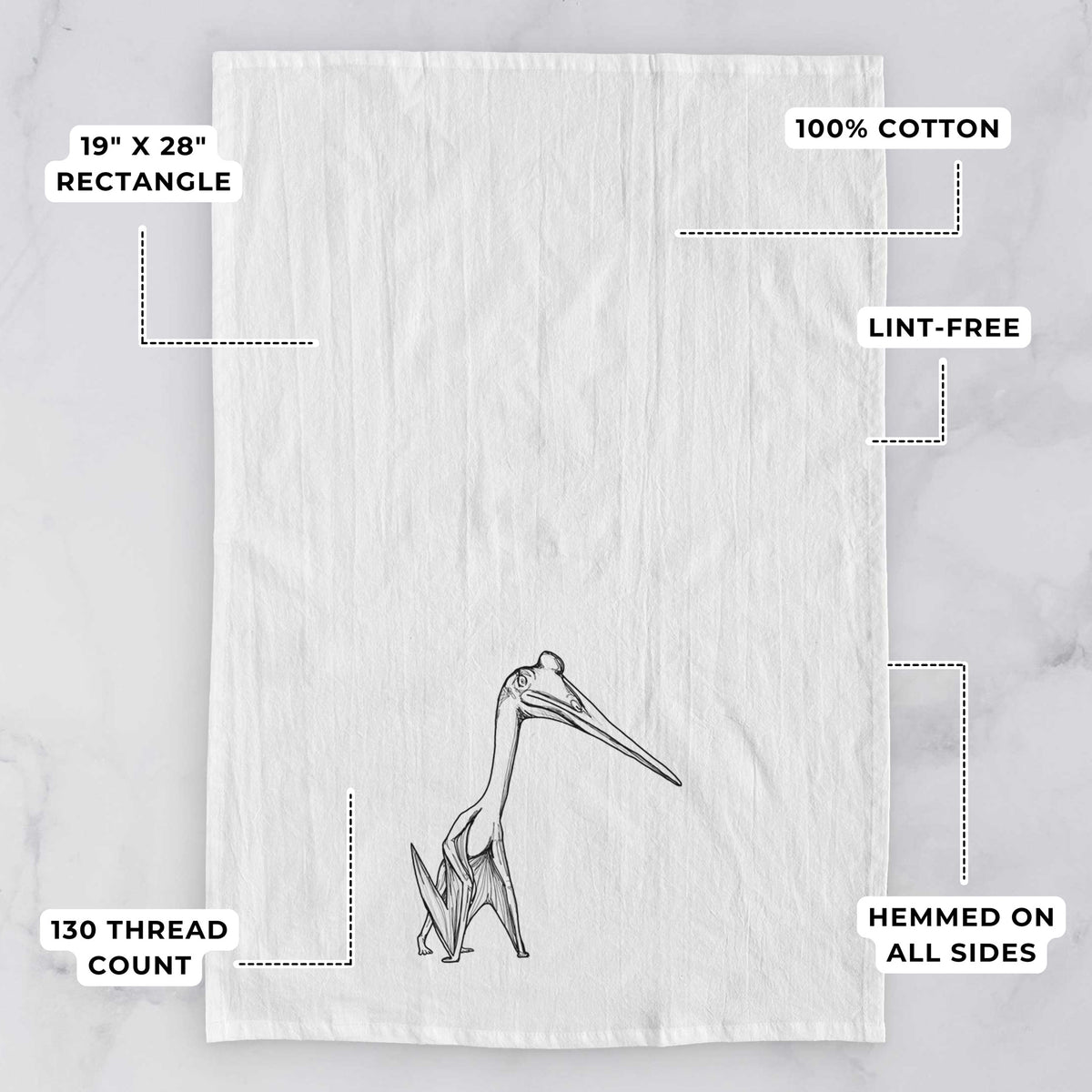 White tea towel printed with a black ink illustration of a Quetzalcoatlus pterosaur standing on all fours, with feature labels: 19 by 28 inch rectangle, 100% cotton, lint-free, 130 thread count, hemmed on all sides.
