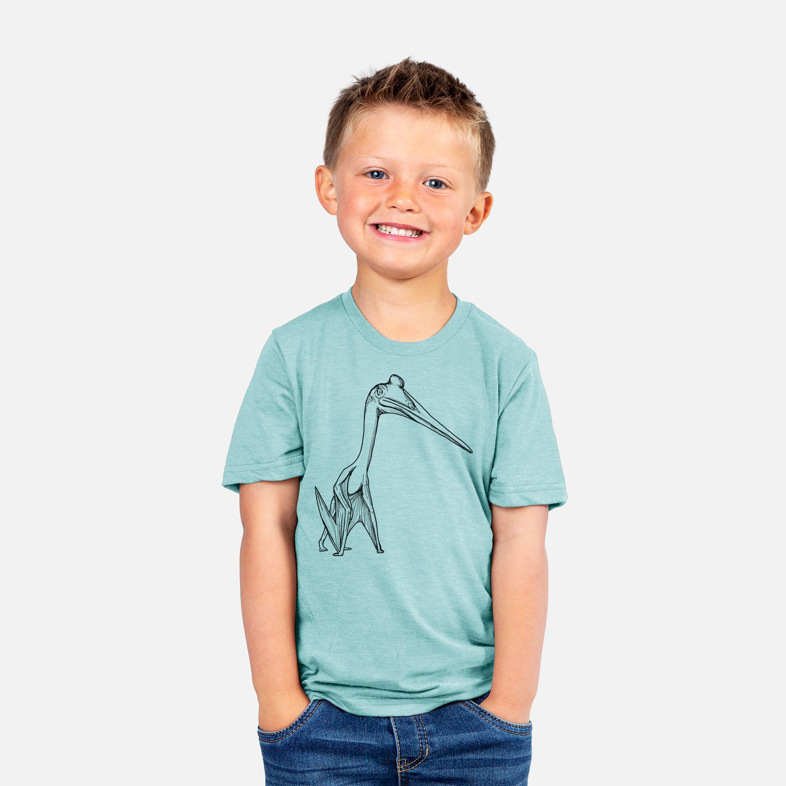 Two youth t-shirts in different colors on hangers, printed with a black ink illustration of a Quetzalcoatlus pterosaur standing on all fours.