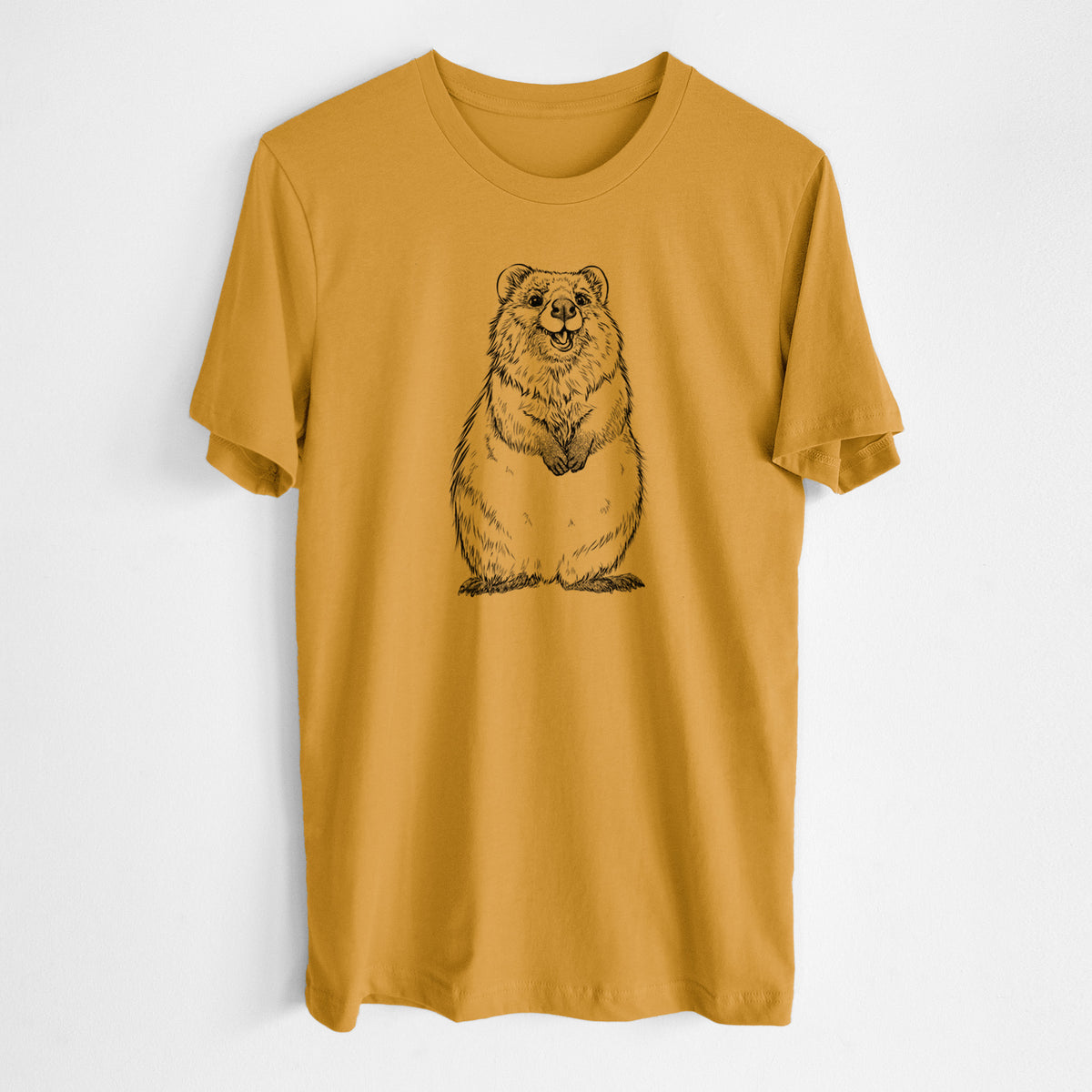 Honeycomb yellow lightweight cotton t-shirt laid flat, printed with a black ink illustration of a smiling quokka sitting upright.