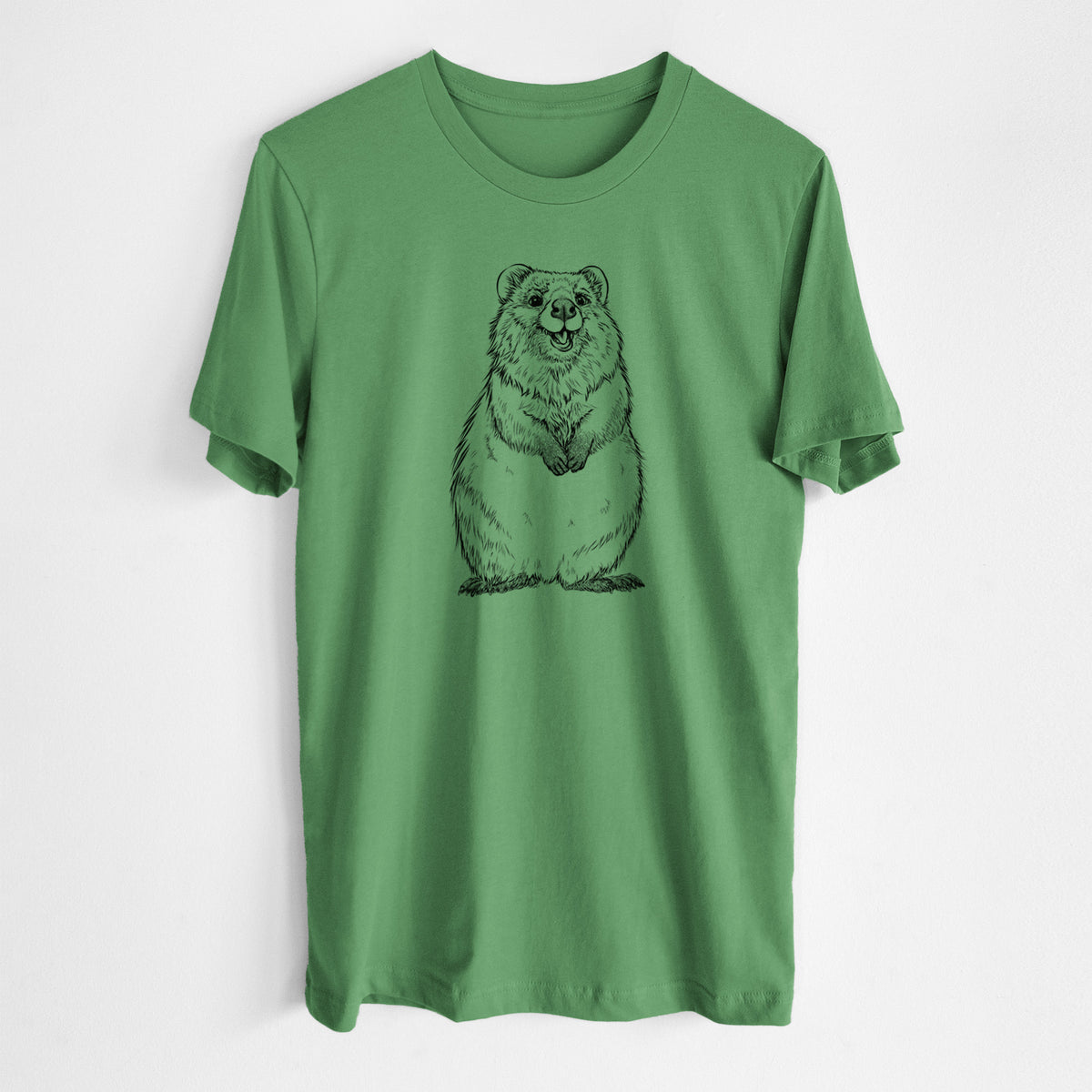 Leaf green lightweight cotton t-shirt laid flat, printed with a black ink illustration of a smiling quokka sitting upright.