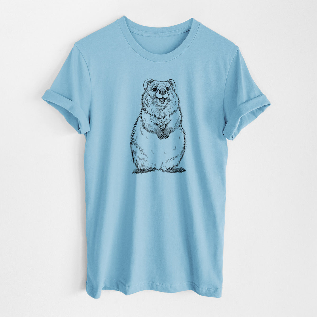 Ocean blue lightweight cotton t-shirt laid flat, printed with a black ink illustration of a smiling quokka sitting upright.