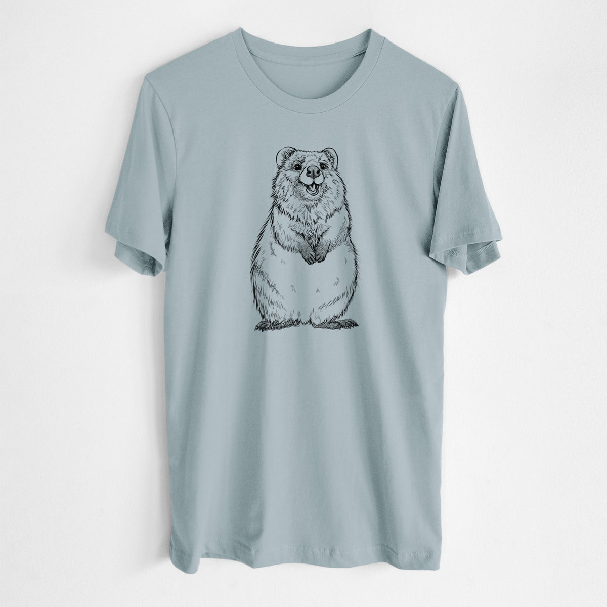 Vintage denim lightweight cotton t-shirt laid flat, printed with a black ink illustration of a smiling quokka sitting upright.