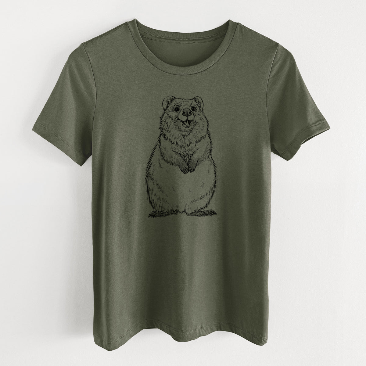 Military green women's relaxed fit cotton t-shirt laid flat, printed with a black ink illustration of a smiling quokka sitting upright.