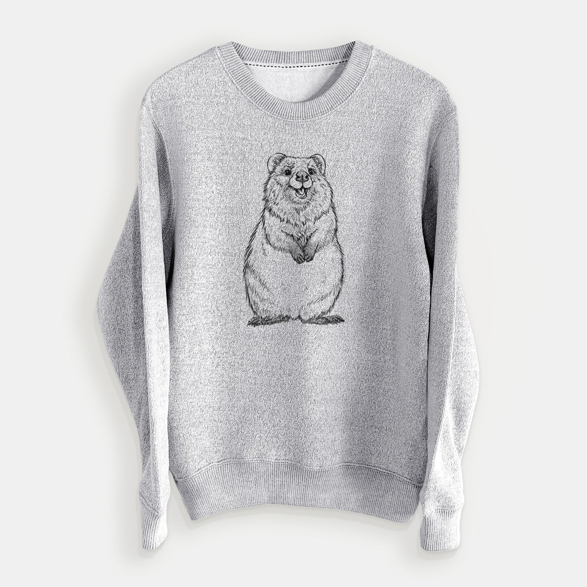 Salt and pepper knit sweatshirt laid flat, printed with a black ink illustration of a smiling quokka sitting upright.