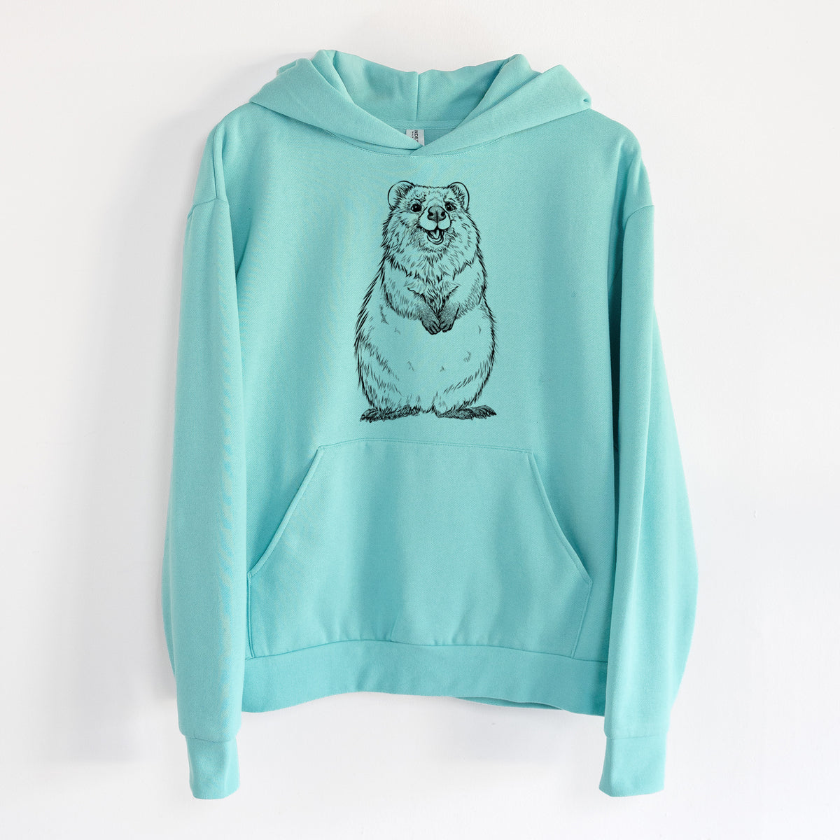 Quokkas - Setonix brachyurus - Statement Midweight Hoodie in Seafoam, hanging on a white wall, with a front kangaroo pocket and no drawcords.
