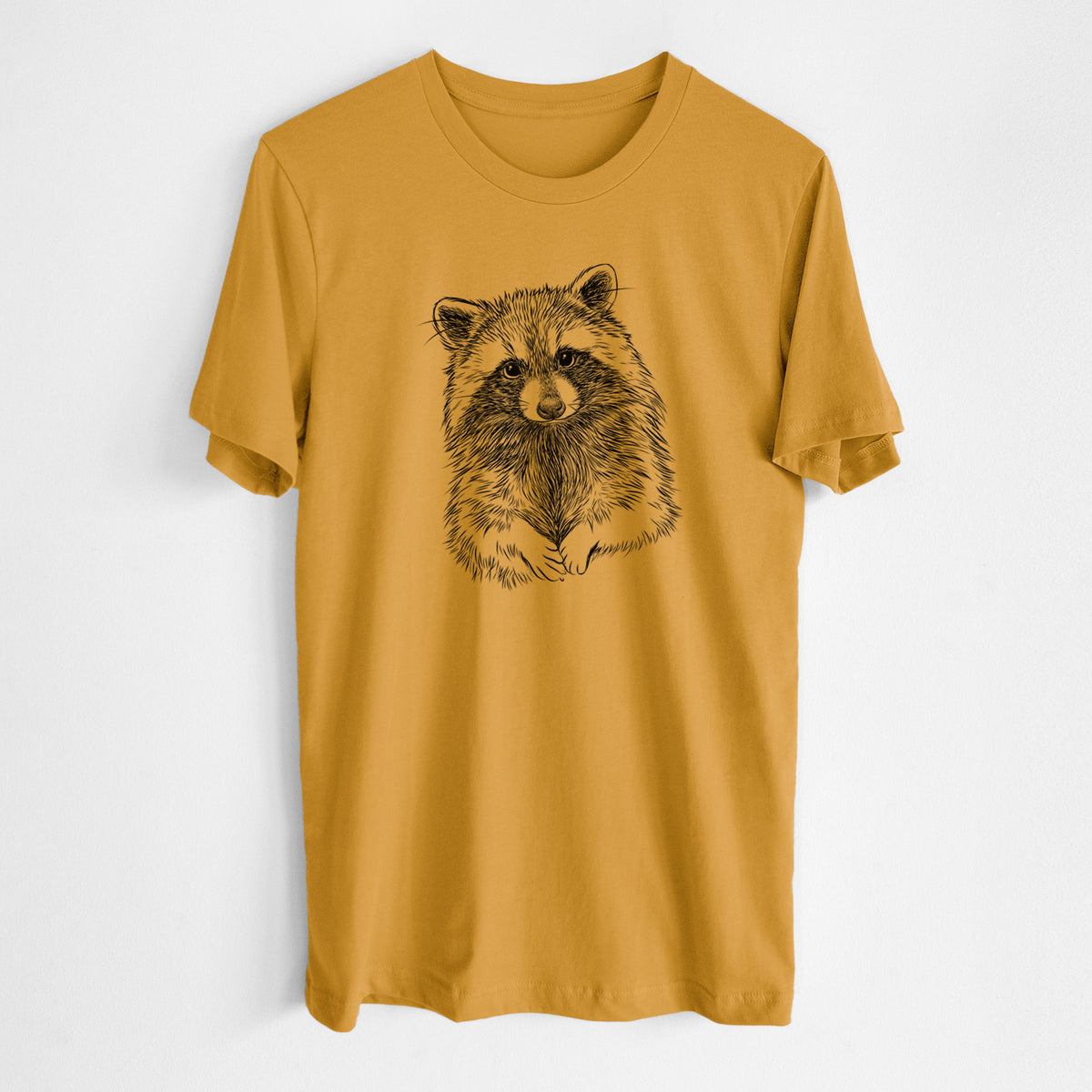 Honeycomb yellow lightweight cotton t-shirt laid flat, printed with a detailed black ink portrait of a raccoon with its front paws resting in front of it.