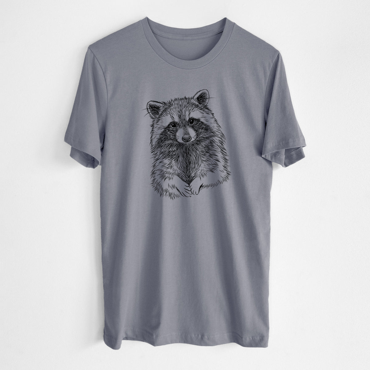 Storm grey lightweight cotton t-shirt laid flat, printed with a detailed black ink portrait of a raccoon with its front paws resting in front of it.