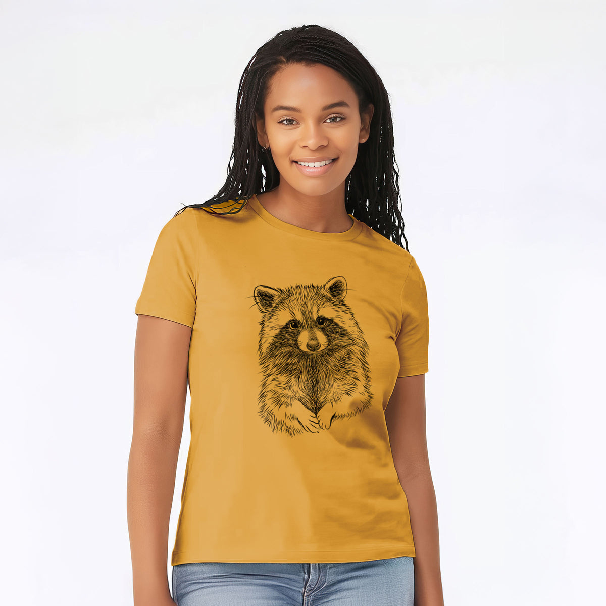 Woman wearing a mustard yellow women's relaxed fit cotton t-shirt printed with a detailed black ink portrait of a raccoon with its front paws resting in front of it.