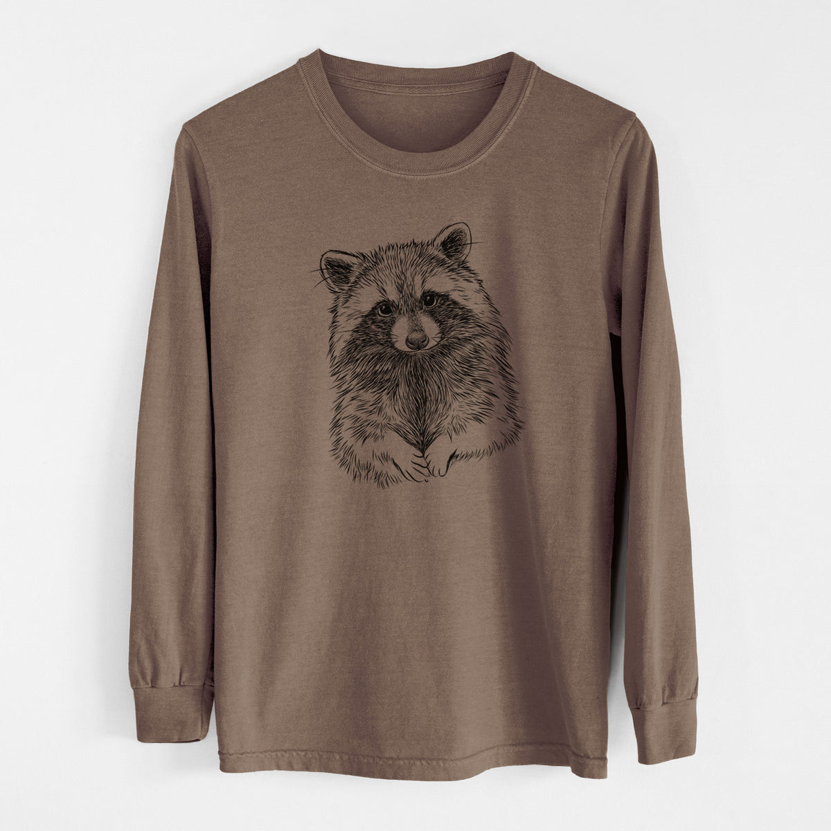 Espresso brown Comfort Colors long sleeve shirt laid flat, printed with a detailed black ink portrait of a raccoon with its front paws resting in front of it.