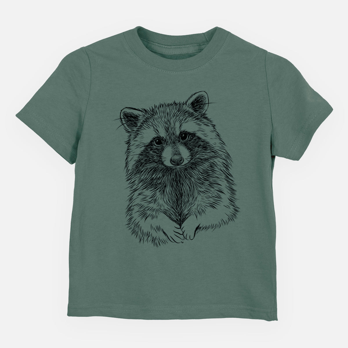 Basil green toddler t-shirt laid flat, printed with a detailed black ink portrait of a raccoon with its front paws resting in front of it.