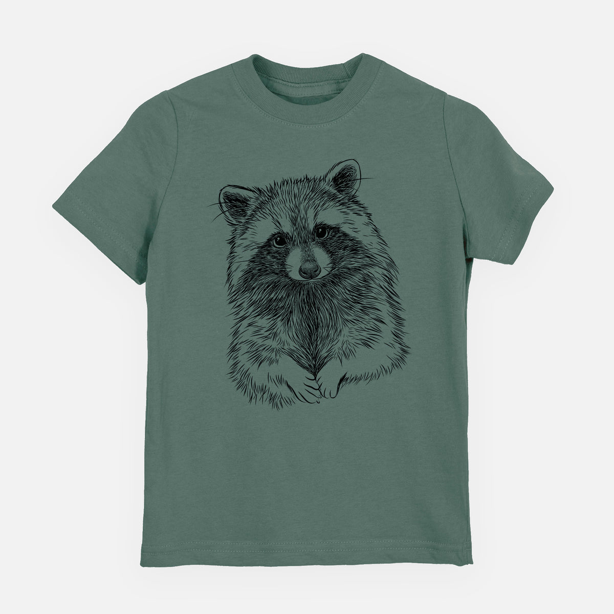 Basil green youth t-shirt laid flat, printed with a detailed black ink portrait of a raccoon with its front paws resting in front of it.