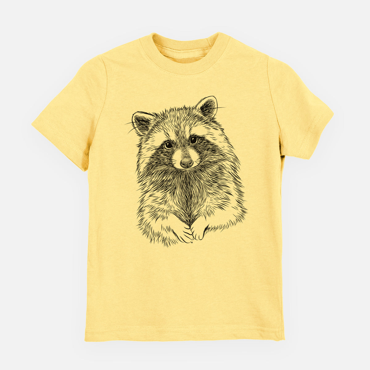 Butter yellow youth t-shirt laid flat, printed with a detailed black ink portrait of a raccoon with its front paws resting in front of it.