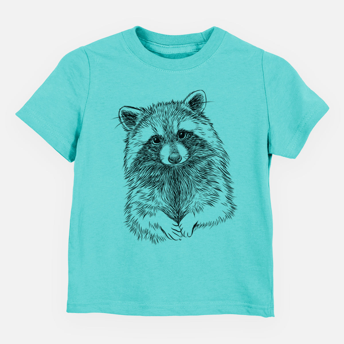 Caribbean blue toddler t-shirt laid flat, printed with a detailed black ink portrait of a raccoon with its front paws resting in front of it.