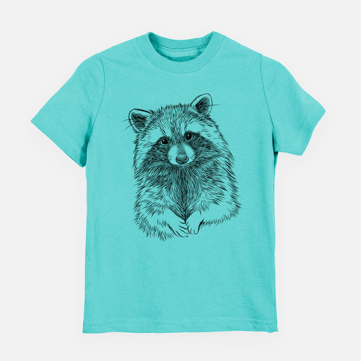 Caribbean blue youth t-shirt laid flat, printed with a detailed black ink portrait of a raccoon with its front paws resting in front of it.