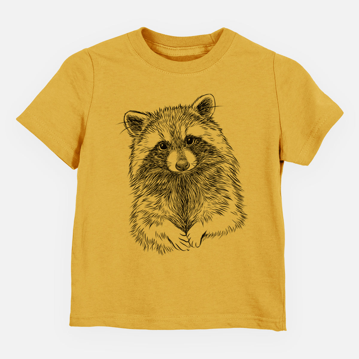 Honeycomb yellow toddler t-shirt laid flat, printed with a detailed black ink portrait of a raccoon with its front paws resting in front of it.