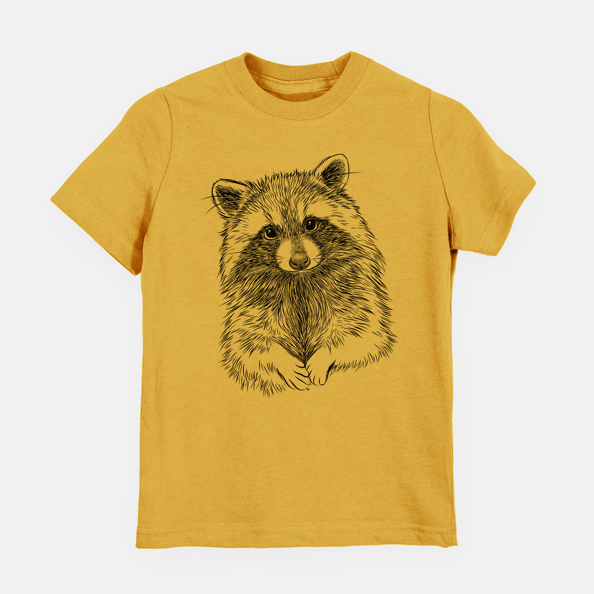 Honeycomb yellow youth t-shirt laid flat, printed with a detailed black ink portrait of a raccoon with its front paws resting in front of it.