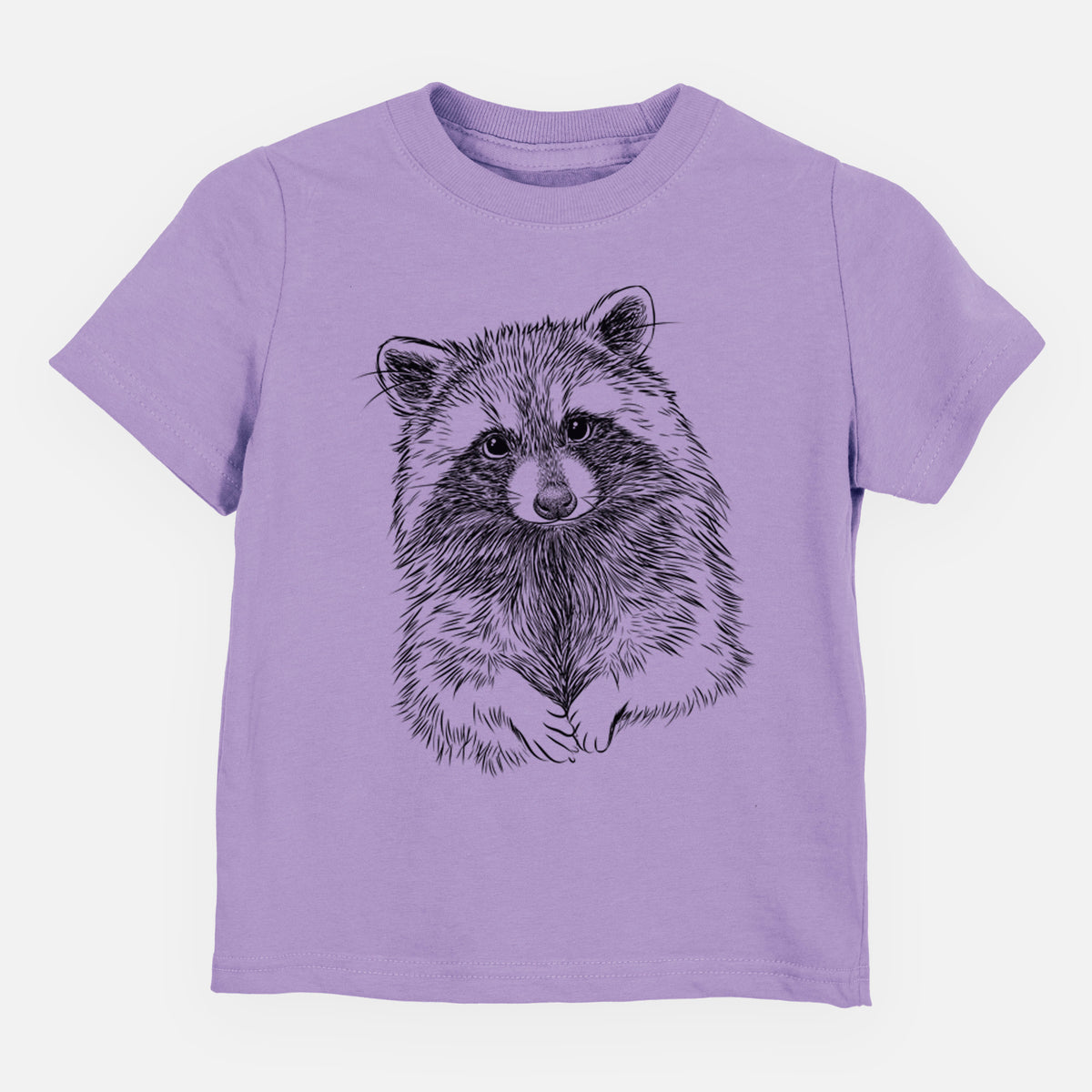 Lavender toddler t-shirt laid flat, printed with a detailed black ink portrait of a raccoon with its front paws resting in front of it.