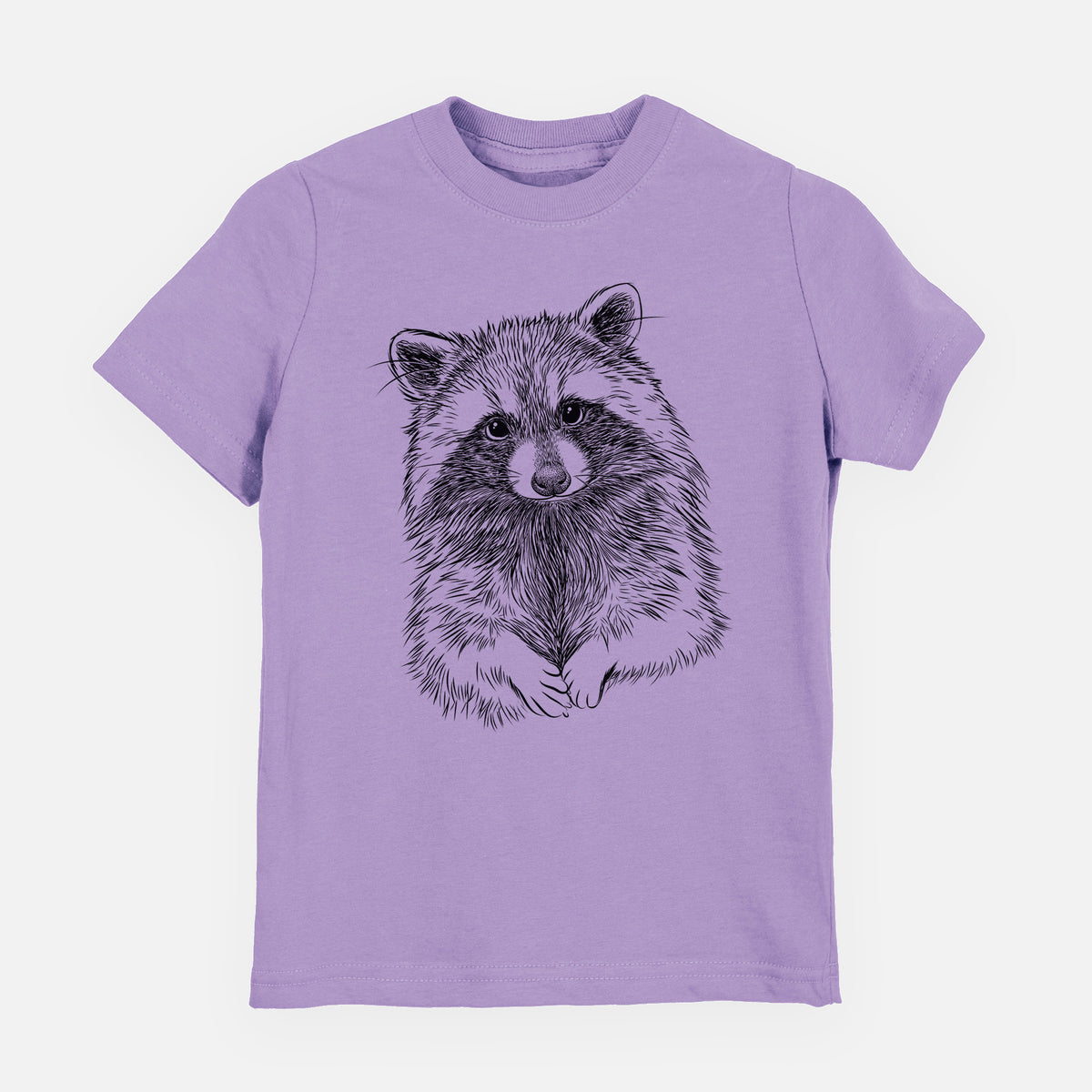 Lavender youth t-shirt laid flat, printed with a detailed black ink portrait of a raccoon with its front paws resting in front of it.