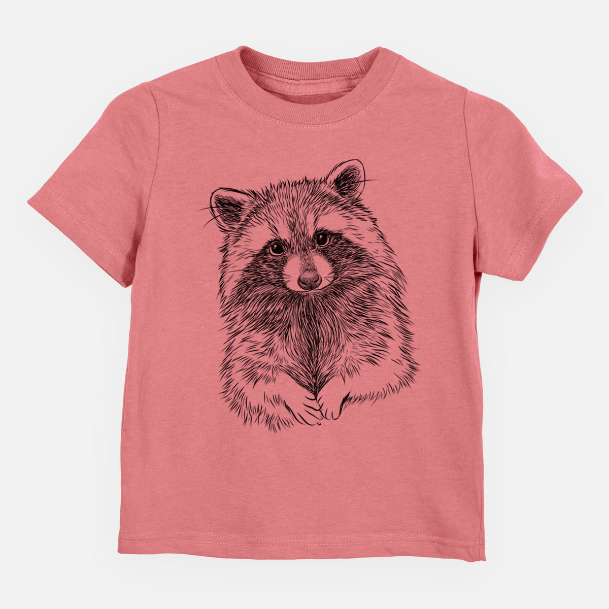 Mauve pink toddler t-shirt laid flat, printed with a detailed black ink portrait of a raccoon with its front paws resting in front of it.