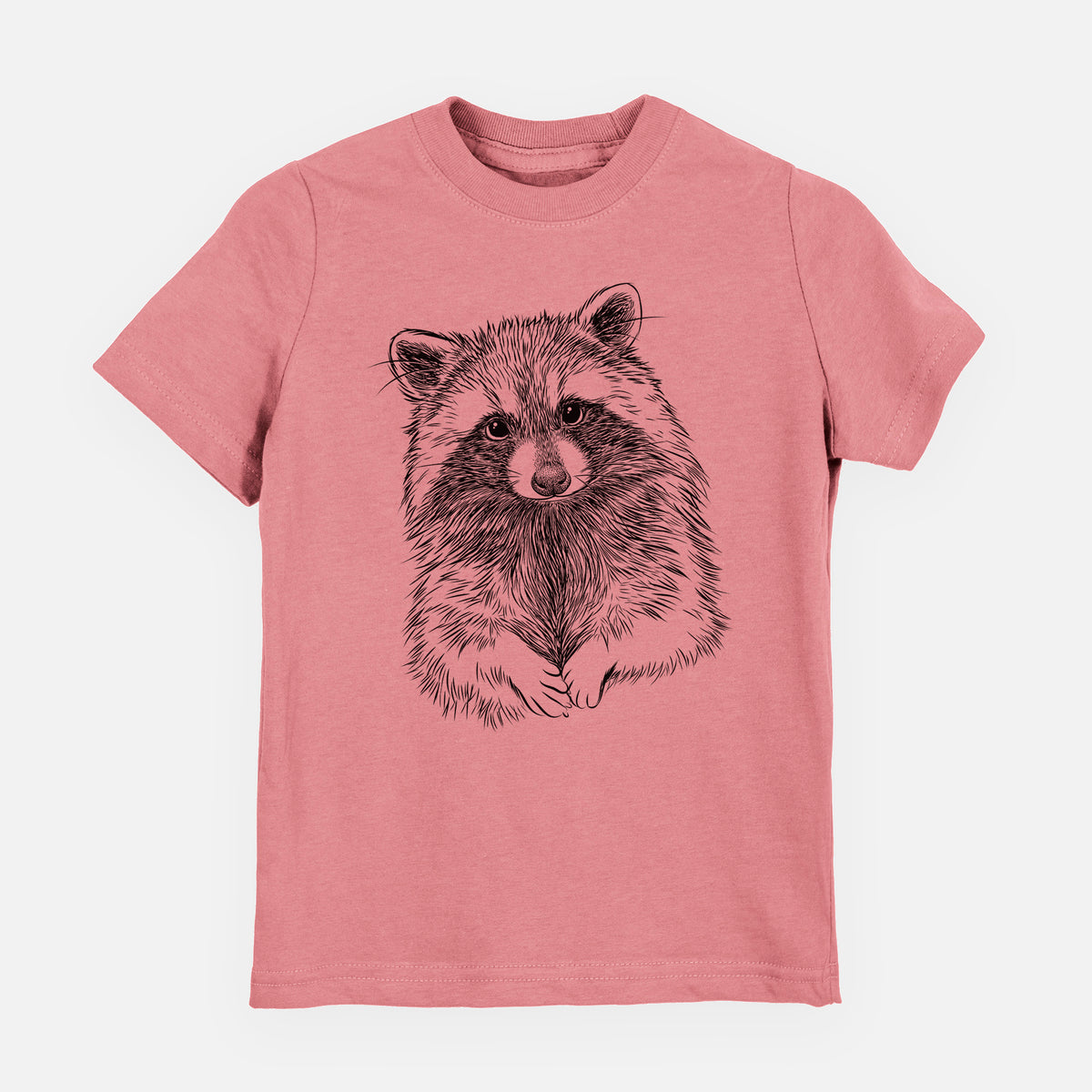 Mauve pink youth t-shirt laid flat, printed with a detailed black ink portrait of a raccoon with its front paws resting in front of it.