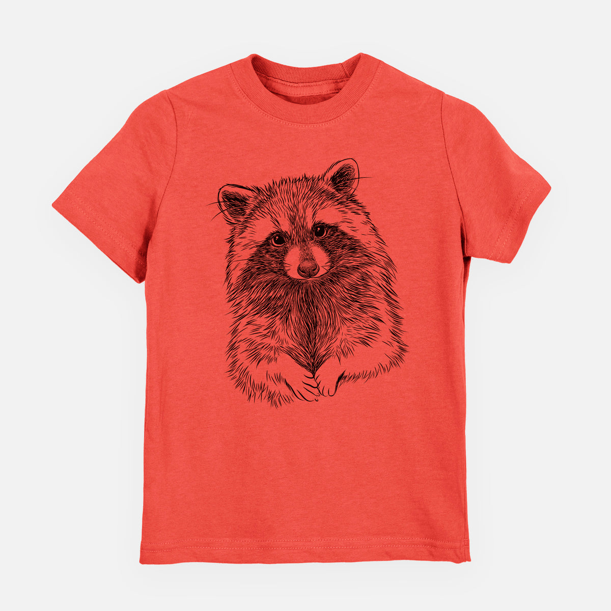 Passionfruit pink youth t-shirt laid flat, printed with a detailed black ink portrait of a raccoon with its front paws resting in front of it.