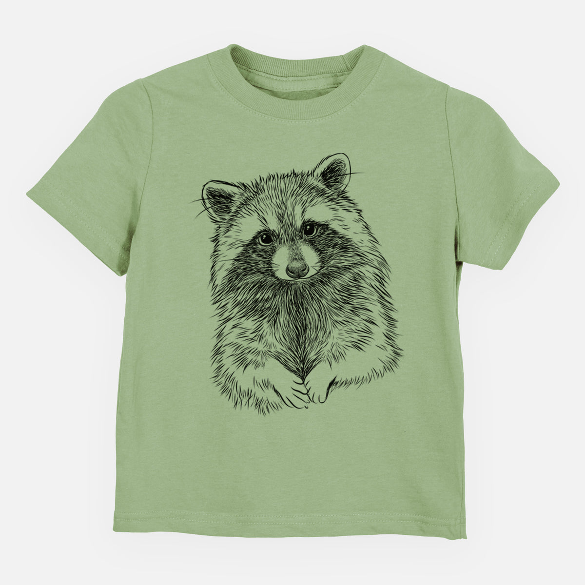 Sage green toddler t-shirt laid flat, printed with a detailed black ink portrait of a raccoon with its front paws resting in front of it.