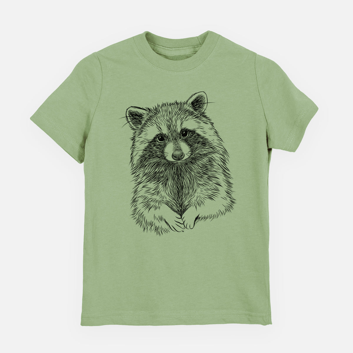 Sage green youth t-shirt laid flat, printed with a detailed black ink portrait of a raccoon with its front paws resting in front of it.