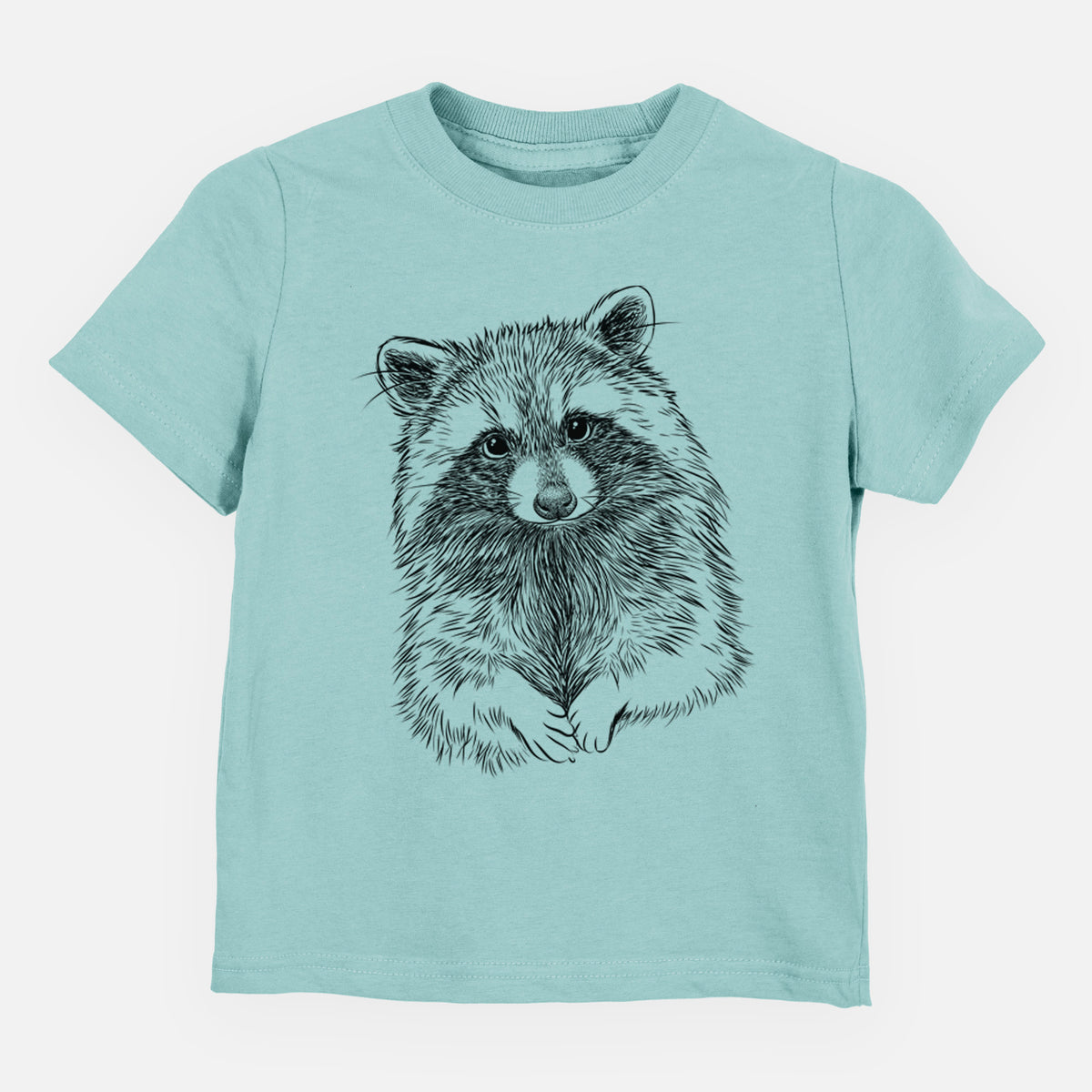 Saltwater toddler t-shirt laid flat, printed with a detailed black ink portrait of a raccoon with its front paws resting in front of it.