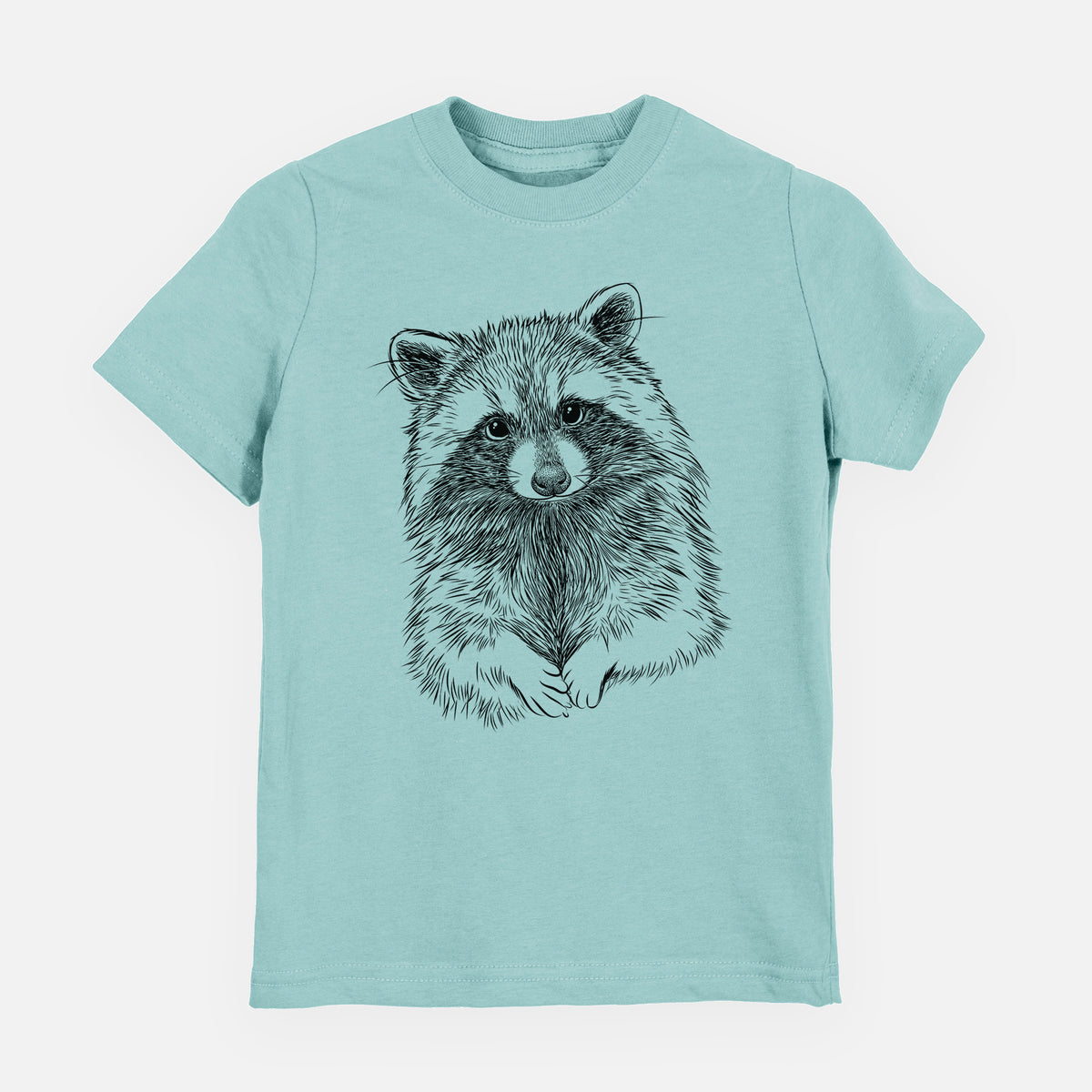 Saltwater youth t-shirt laid flat, printed with a detailed black ink portrait of a raccoon with its front paws resting in front of it.