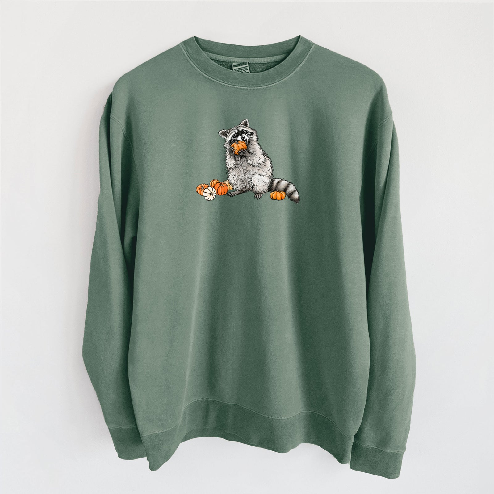 Raccoon Pumpkin Bandit - Unisex Pigment Dyed Crew Sweatshirt in Alpine Green
