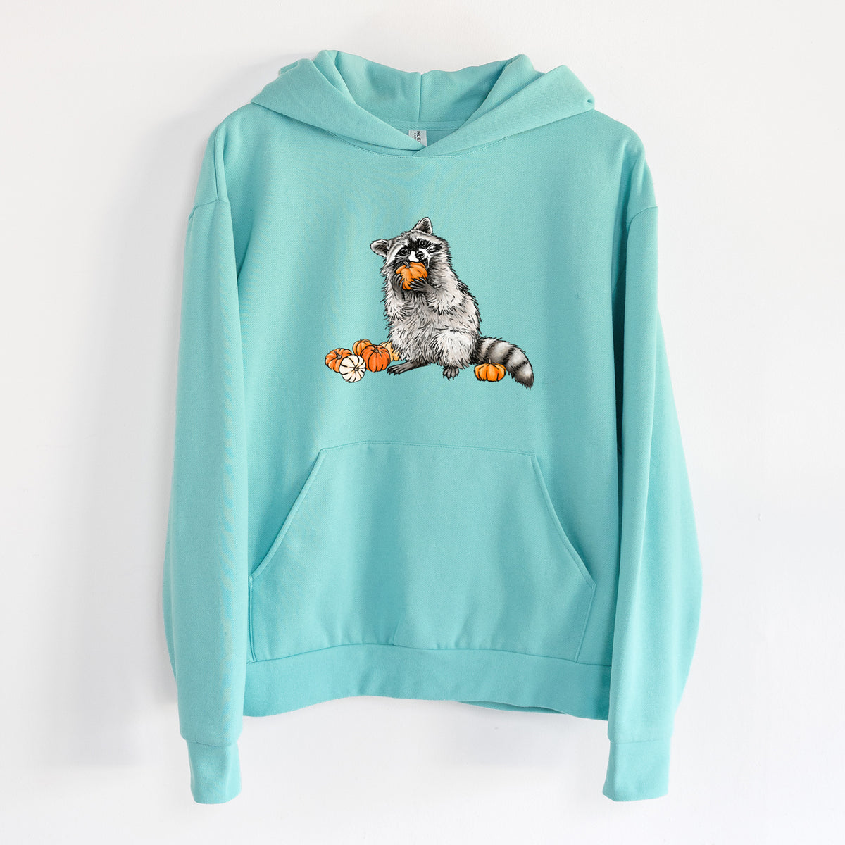 Raccoon Pumpkin Bandit - Statement Midweight Hoodie in Seafoam, hanging on a white wall, with a front kangaroo pocket and no drawcords.