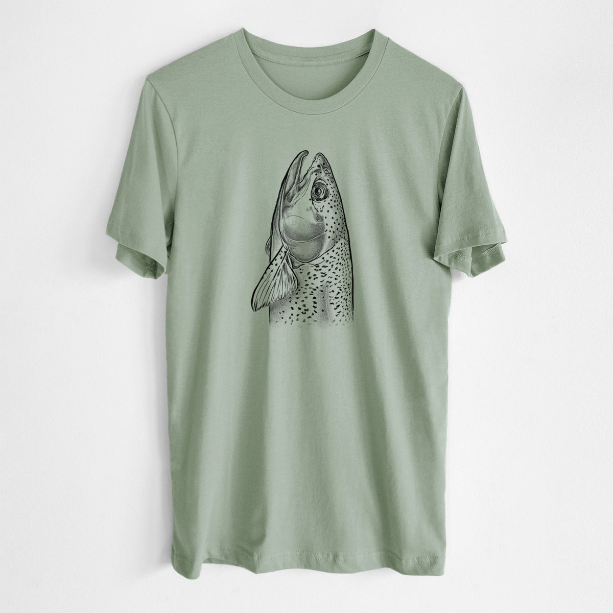 Sage green lightweight cotton t-shirt laid flat, printed with a detailed black ink illustration of a rainbow trout's head pointing upward, showing its spotted scales.