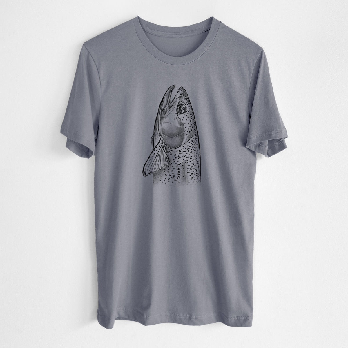 Storm grey lightweight cotton t-shirt laid flat, printed with a detailed black ink illustration of a rainbow trout's head pointing upward, showing its spotted scales.