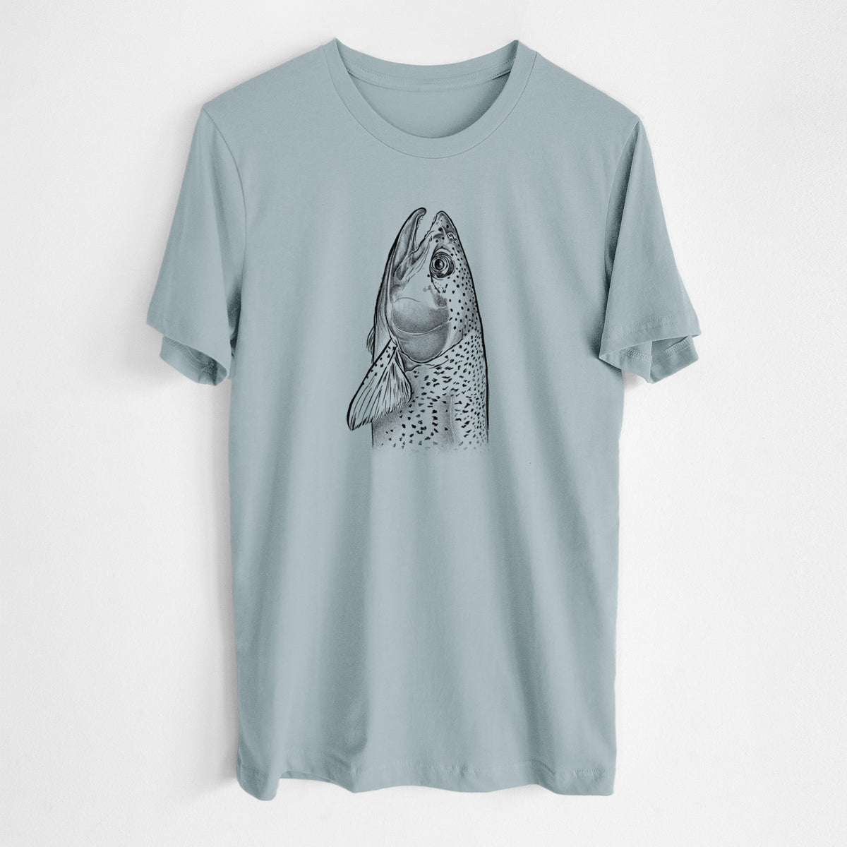 Vintage denim lightweight cotton t-shirt laid flat, printed with a detailed black ink illustration of a rainbow trout's head pointing upward, showing its spotted scales.