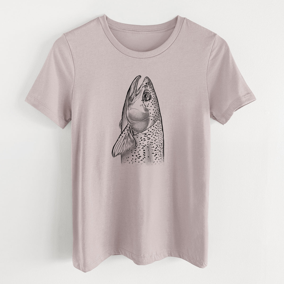 Pink gravel women's relaxed fit cotton t-shirt laid flat, printed with a detailed black ink illustration of a rainbow trout's head pointing upward, showing its spotted scales.