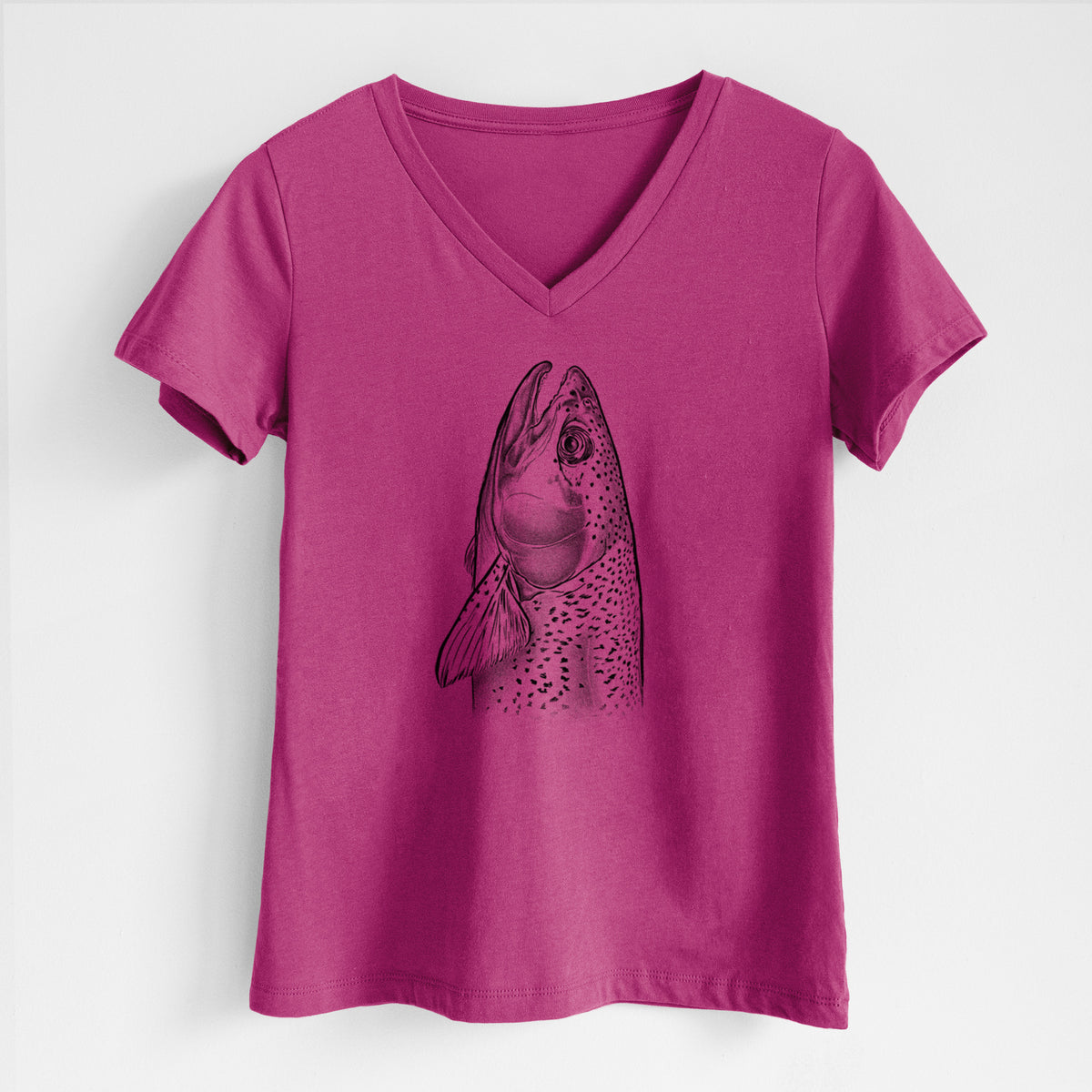 Berry pink women's relaxed fit cotton V-neck t-shirt laid flat, printed with a detailed black ink illustration of a rainbow trout's head pointing upward, showing its spotted scales.