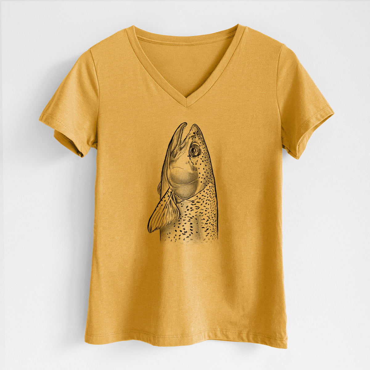 Honeycomb yellow women's relaxed fit cotton V-neck t-shirt laid flat, printed with a detailed black ink illustration of a rainbow trout's head pointing upward, showing its spotted scales.