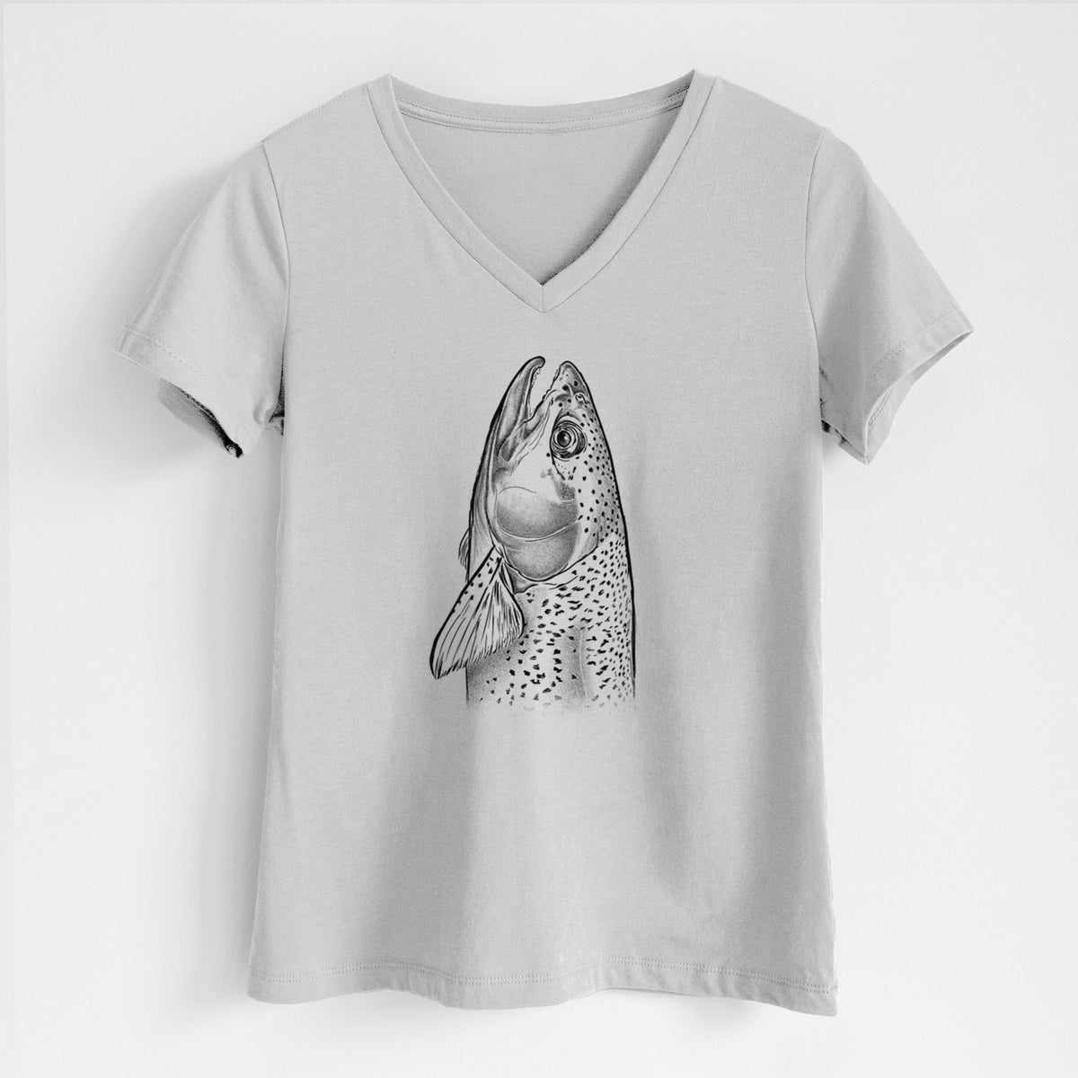 Lunar grey women's relaxed fit cotton V-neck t-shirt laid flat, printed with a detailed black ink illustration of a rainbow trout's head pointing upward, showing its spotted scales.