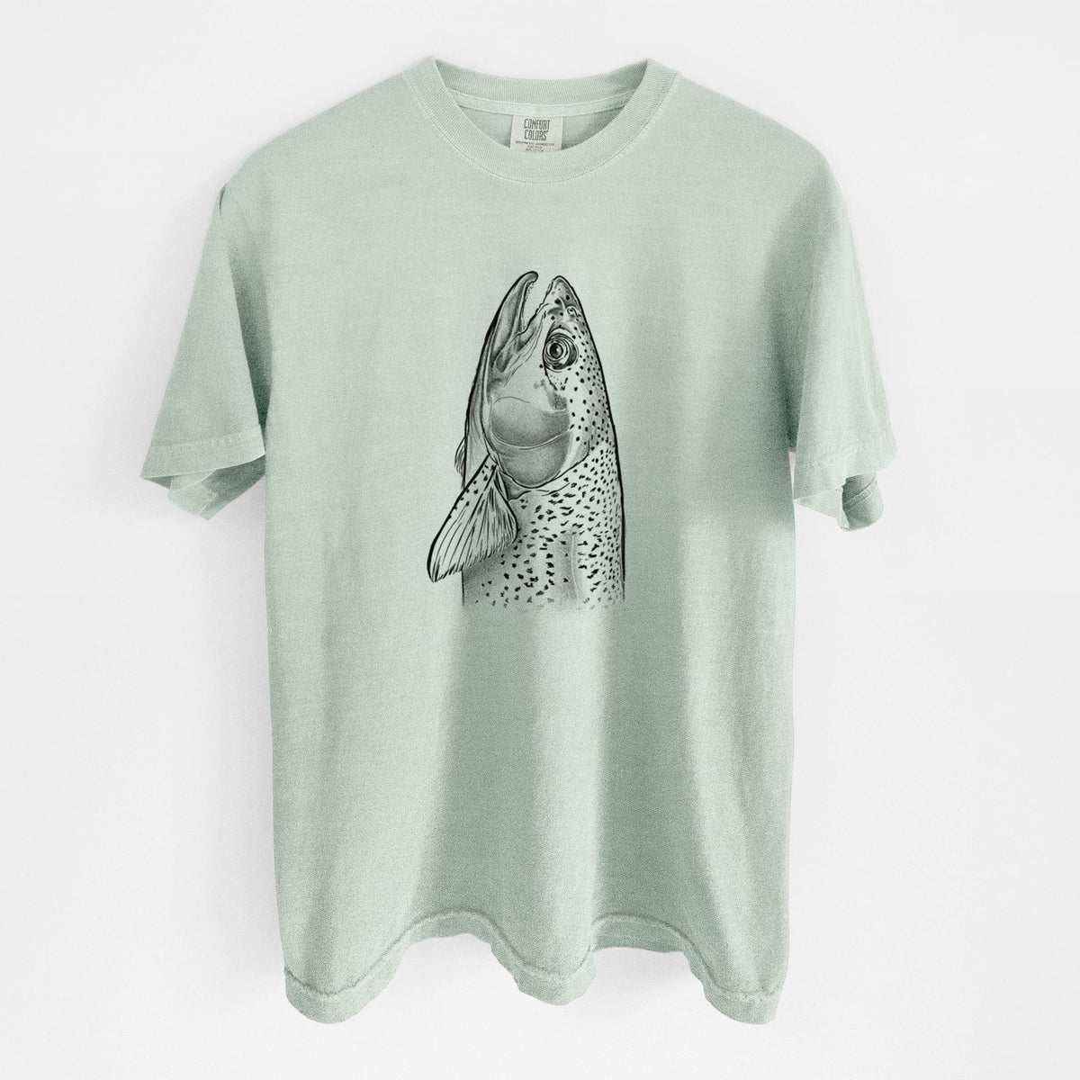 Bay green Comfort Colors t-shirt laid flat, printed with a detailed black ink illustration of a rainbow trout's head pointing upward, showing its spotted scales.