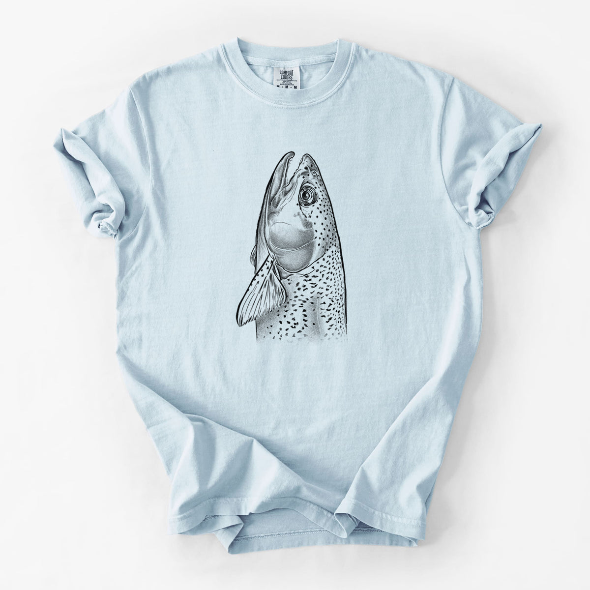 Chambray blue Comfort Colors t-shirt laid flat, printed with a detailed black ink illustration of a rainbow trout's head pointing upward, showing its spotted scales.