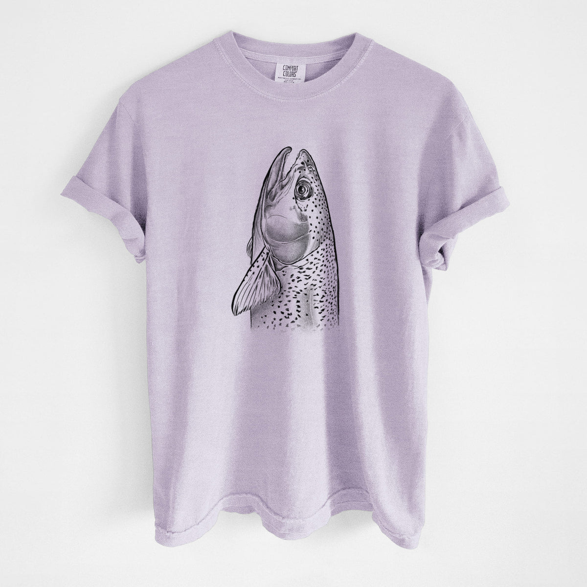 Orchid purple Comfort Colors t-shirt laid flat, printed with a detailed black ink illustration of a rainbow trout's head pointing upward, showing its spotted scales.