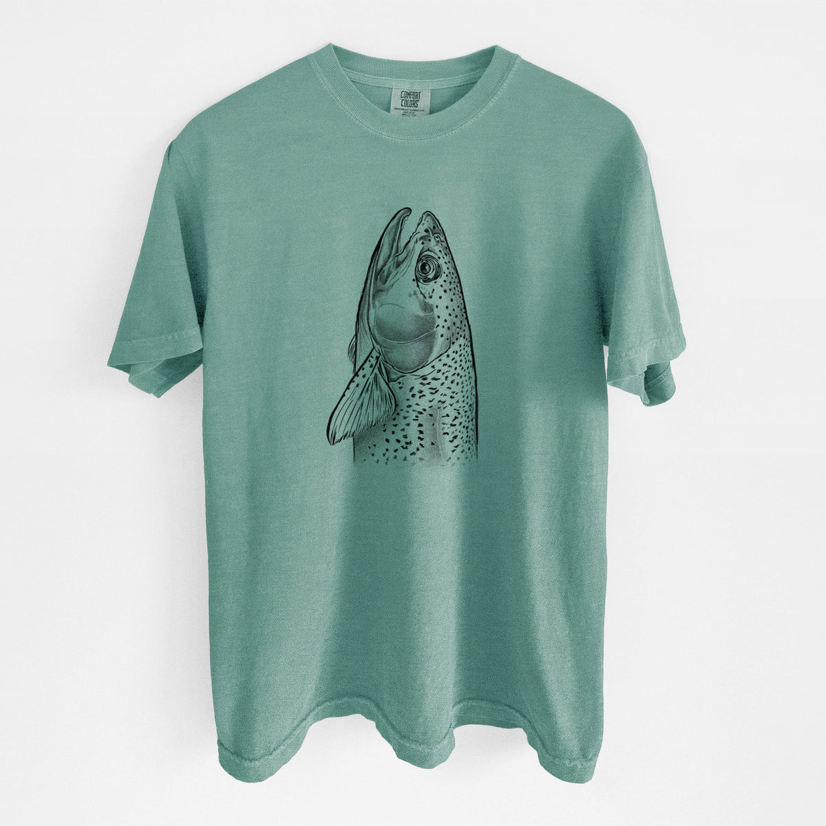 Reef green Comfort Colors t-shirt laid flat, printed with a detailed black ink illustration of a rainbow trout's head pointing upward, showing its spotted scales.