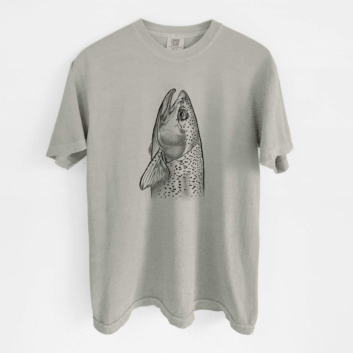 Sandstone beige Comfort Colors t-shirt laid flat, printed with a detailed black ink illustration of a rainbow trout's head pointing upward, showing its spotted scales.