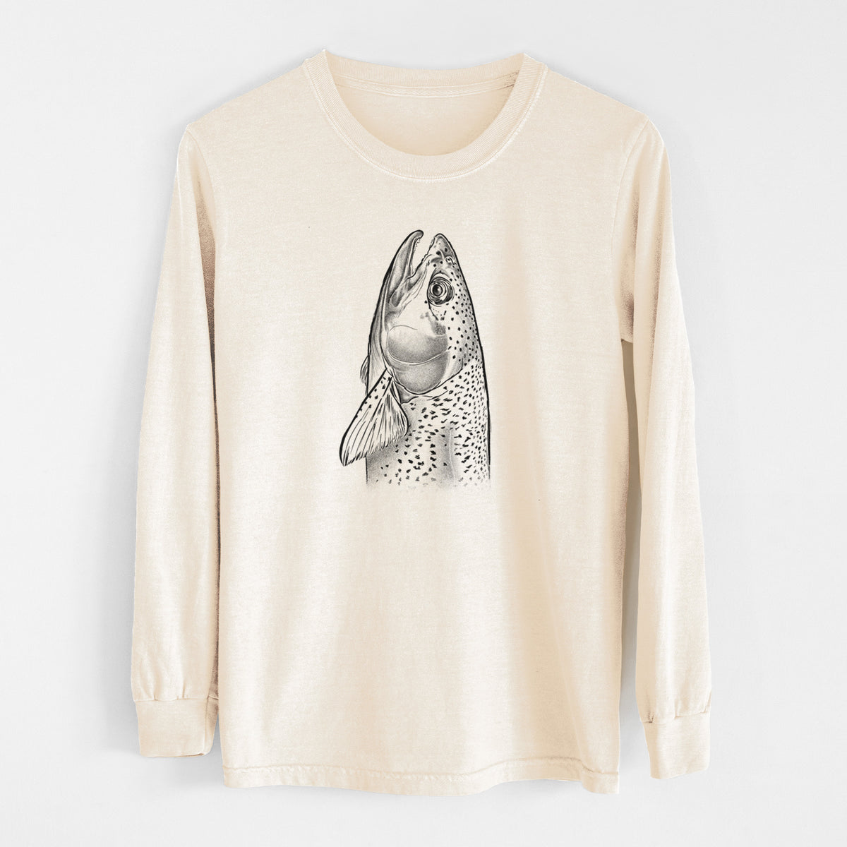 Ivory Comfort Colors long sleeve shirt laid flat, printed with a detailed black ink illustration of a rainbow trout's head pointing upward, showing its spotted scales.