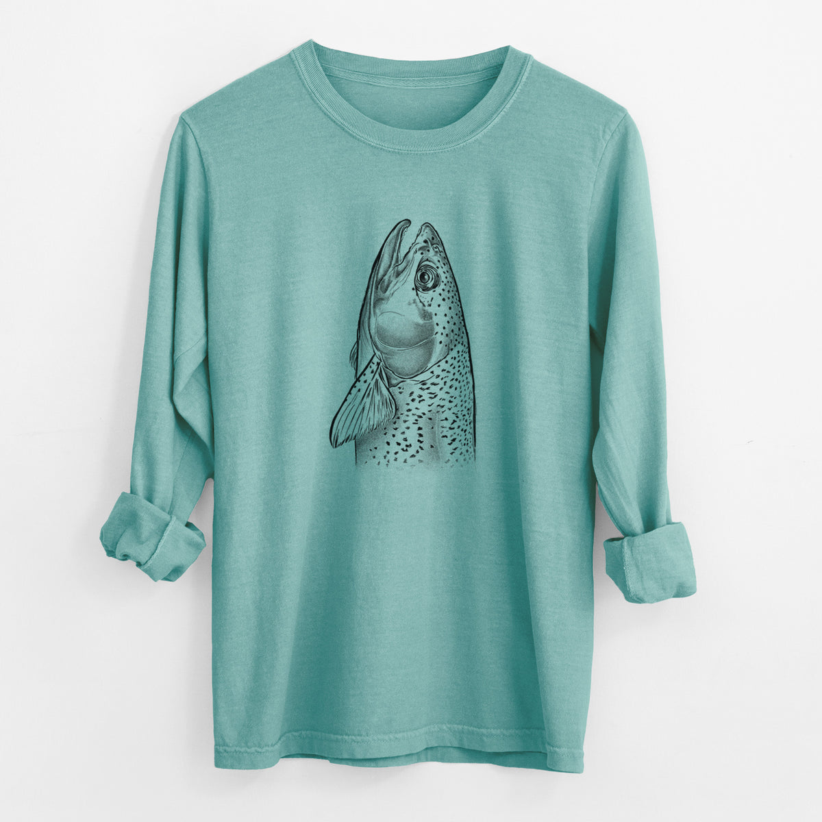 Reef green Comfort Colors long sleeve shirt laid flat with the cuffs rolled, printed with a detailed black ink illustration of a rainbow trout's head pointing upward, showing its spotted scales.