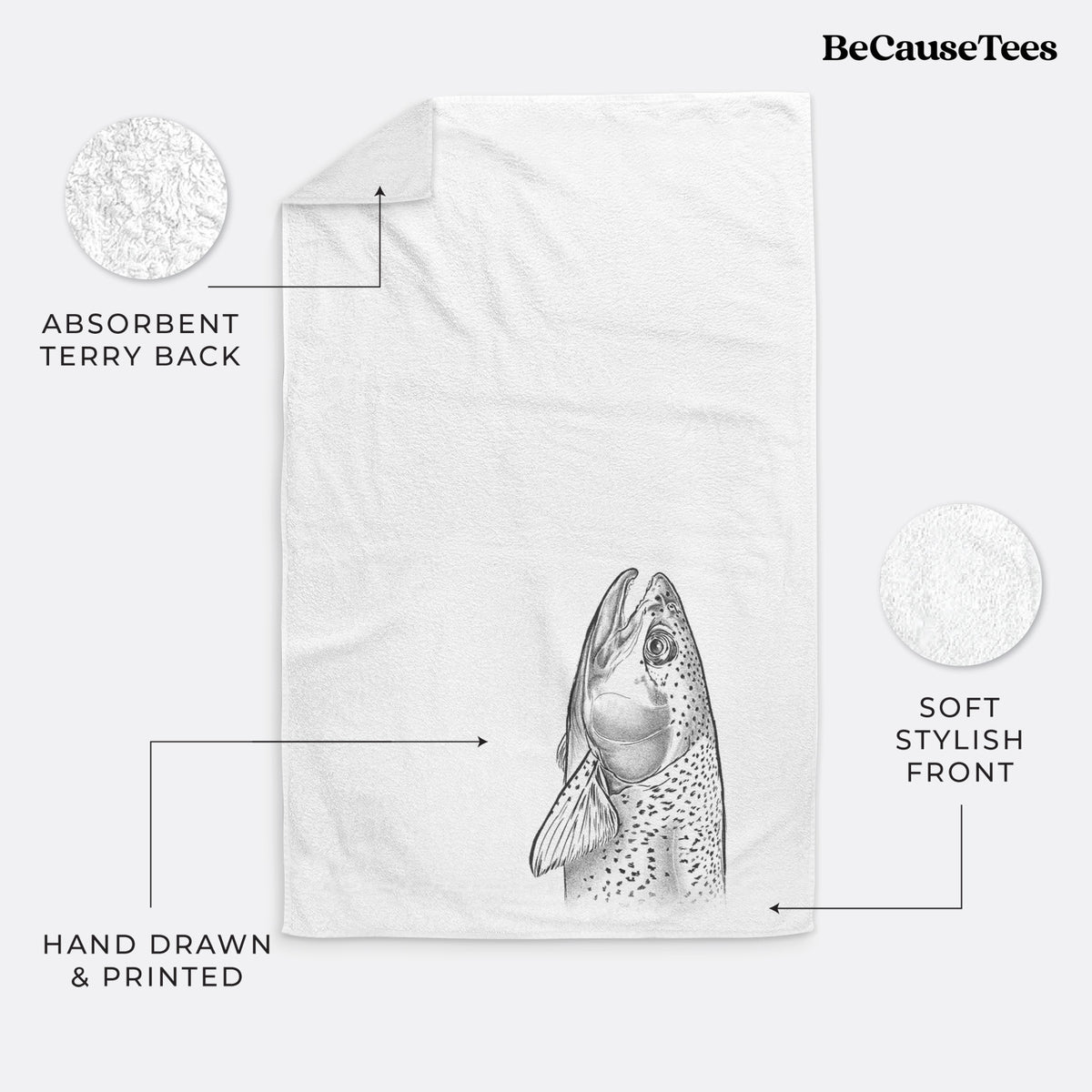 White hand towel printed with a detailed black ink illustration of a rainbow trout's head pointing upward, showing its spotted scales.