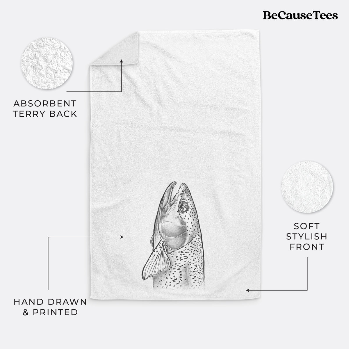 White hand towel printed with a detailed black ink illustration of a rainbow trout's head pointing upward, showing its spotted scales.