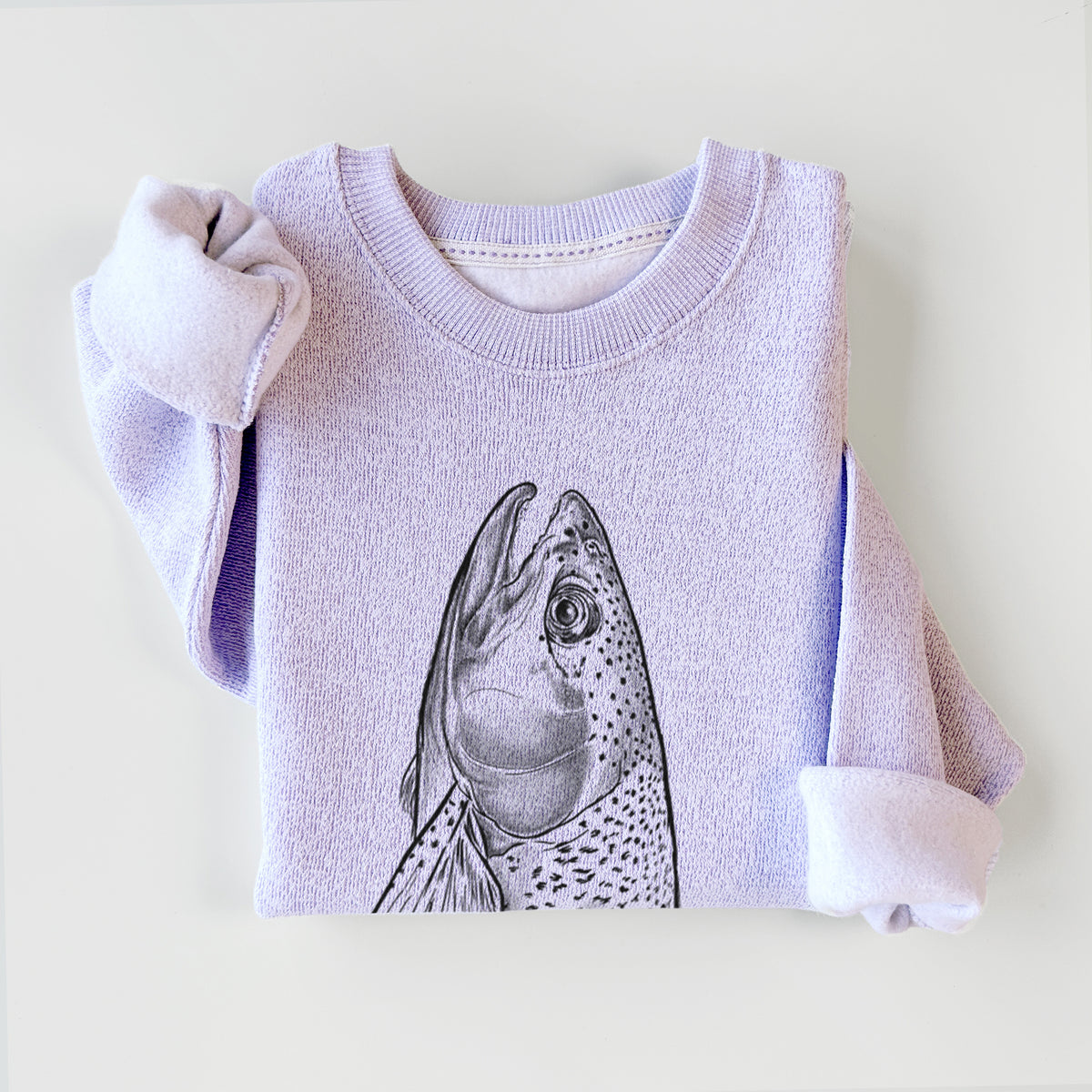 Ice purple knit sweatshirt printed with a detailed black ink illustration of a rainbow trout's head pointing upward, showing its spotted scales, styled flat.
