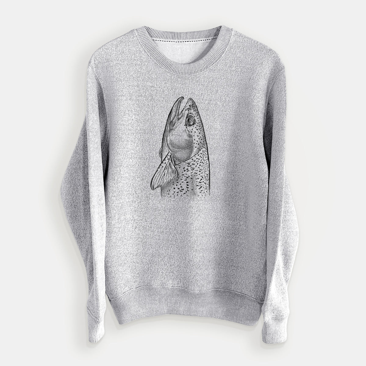 Salt and pepper knit sweatshirt laid flat, printed with a detailed black ink illustration of a rainbow trout's head pointing upward, showing its spotted scales.